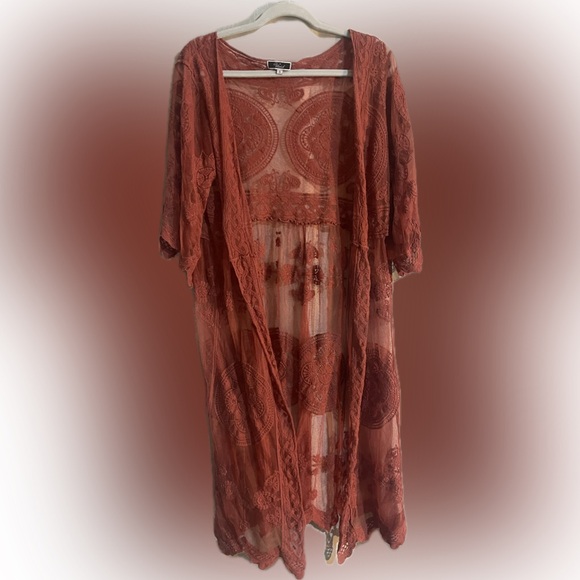 ViVI Brown Sheer Lace Duster with Intricate Design - Picture 1 of 5